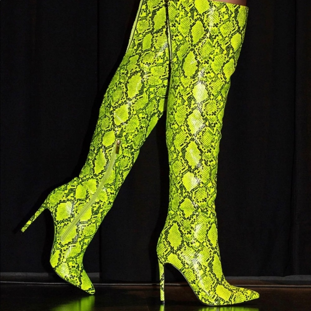 Thigh high neon green snake boots New OTK Wide Calf